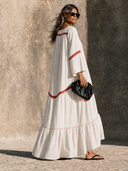 Women's Cotton-Linen V-Neck Long-Sleeve Color-Block Tiered Maxi Dress ZMZ1575G2XT