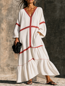 Women's Cotton-Linen V-Neck Long-Sleeve Color-Block Tiered Maxi Dress ZMZ1575G2XT