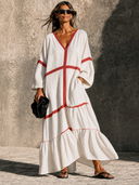 Women's Cotton-Linen V-Neck Long-Sleeve Color-Block Tiered Maxi Dress ZMZ1575G2XT