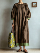 Women's Vintage Casual Cotton-Linen Round Neck And Lantern Sleeves Loose Maxi Dress ZMZ2115G2ZYY