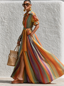 Women's Colorful Striped Print Tie-Waist Maxi Dress ZMZ1507G3XT