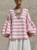 Women's Casual Striped Linen Shirt And Solid-Color Skirt Two-Piece Set ZMZ2123G4XT