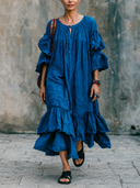 Women's Solid-Color Cotton-Linen Bohemian Ruffled Maxi Dress ZMZ1556G2XT