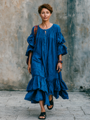Women's Solid-Color Cotton-Linen Bohemian Ruffled Maxi Dress ZMZ1556G2XT