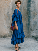 Women's Solid-Color Cotton-Linen Bohemian Ruffled Maxi Dress ZMZ1556G2XT