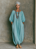 Women's Off-Shoulder Linen Balloon Sleeve Maxi Dress ZMZ1536G3XT