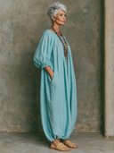 Women's Off-Shoulder Linen Balloon Sleeve Maxi Dress ZMZ1536G3XT