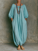 Women's Off-Shoulder Linen Balloon Sleeve Maxi Dress ZMZ1536G3XT