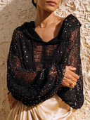 Women Hollow Knit Hooded Blouse Sequin Embellished Lantern Long Sleeve Loose See Through Party Cover Up Top ZMZ2165G9YZH