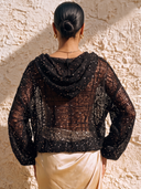 Women Hollow Knit Hooded Blouse Sequin Embellished Lantern Long Sleeve Loose See Through Party Cover Up Top ZMZ2165G9YZH