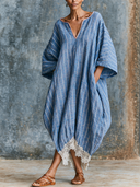 Women's Striped Linen Loose-fitting Patchwork Lace Maxi Dress ZMZ1559G1XT