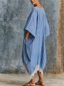 Women's Striped Linen Loose-fitting Patchwork Lace Maxi Dress ZMZ1559G1XT