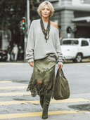 Women's Retro Casual Relaxed Style Loose Street Style Ribbed Sweatshirt And Skirt Set ZMZ2112G1ZJY