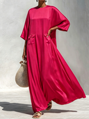 Women's French-style Elegant Satin Round Neck And Long Sleeves Loose-fit Maxi Dress ZMZ2122G8ZYY