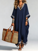 Women's Vintage Casual Cotton-Knit Elbow-Length Sleeves V-Neck Loose Midi Dress ZMZ2158G4ZYY