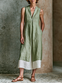 Women's Linen V-Neck Sleeveless Color-Block Midi Dress ZMZ1559G5XT