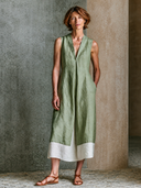Women's Linen V-Neck Sleeveless Color-Block Midi Dress ZMZ1559G5XT