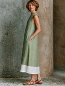 Women's Linen V-Neck Sleeveless Color-Block Midi Dress ZMZ1559G5XT