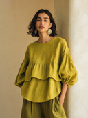 Women's Stylish Olive-Yellow Cotton-Linen Crew-Neck Top ZMZ2135G1SWL