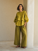 Women's Stylish Olive-Yellow Cotton-Linen Crew-Neck Top ZMZ2135G1SWL