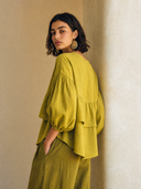 Women's Stylish Olive-Yellow Cotton-Linen Crew-Neck Top ZMZ2135G1SWL