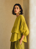 Women's Stylish Olive-Yellow Cotton-Linen Crew-Neck Top ZMZ2135G1SWL