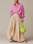 Women's Classic Pink Cotton-Linen Long-Sleeve Shirt And Khaki Skirt Set ZMZ2133G2SWL
