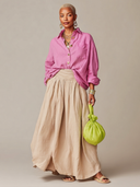 Women's Classic Pink Cotton-Linen Long-Sleeve Shirt And Khaki Skirt Set ZMZ2133G2SWL