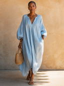 Women's Casual Blue Cotton-linen V-neck Loose Maxi Dress ZMZ2159G4SWL