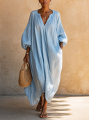 Women's Casual Blue Cotton-linen V-neck Loose Maxi Dress ZMZ2159G4SWL