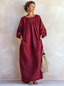Women's Classic Deep Red Cotton Maxi Dress With Elbow-length Sleeves ZMZ2111G1SWL