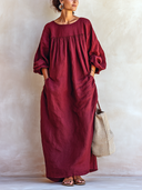 Women's Classic Deep Red Cotton Maxi Dress With Elbow-length Sleeves ZMZ2111G1SWL