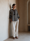 Women's Classic Black And White Striped V-Neck Top With Tie Detail And Three-Quarter Sleeves ZMZ2148G1SWL