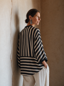 Women's Classic Black And White Striped V-Neck Top With Tie Detail And Three-Quarter Sleeves ZMZ2148G1SWL