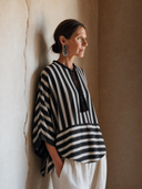Women's Classic Black And White Striped V-Neck Top With Tie Detail And Three-Quarter Sleeves ZMZ2148G1SWL