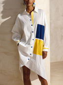 Women's Fashionable Color-Block Cotton Long-Sleeve Shirt Dress With Asymmetrical Hem And Knee-Length Cut ZMZ2190G3SWL