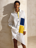 Women's Fashionable Color-Block Cotton Long-Sleeve Shirt Dress With Asymmetrical Hem And Knee-Length Cut ZMZ2190G3SWL
