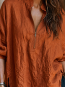 Women Autumn Thick Premium Cotton Linen Oversized Tunic Top Stand Collar Half Zip Long Sleeve Side Split Pocket Loose Fall Casual Blouse ZMZ2133G3YZH