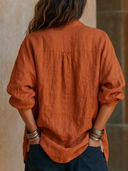 Women Autumn Thick Premium Cotton Linen Oversized Tunic Top Stand Collar Half Zip Long Sleeve Side Split Pocket Loose Fall Casual Blouse ZMZ2133G3YZH