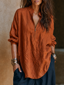 Women Autumn Thick Premium Cotton Linen Oversized Tunic Top Stand Collar Half Zip Long Sleeve Side Split Pocket Loose Fall Casual Blouse ZMZ2133G3YZH