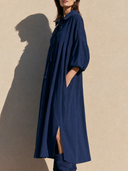 Women Autumn Fashion Pure Cotton Midi Shirt Dress Collar Front Lace-Up Bubble Sleeve Side Pocket Split Hem Loose Fall Casual Tunic ZMZ2172G3YZH