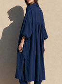 Women Autumn Fashion Pure Cotton Midi Shirt Dress Collar Front Lace-Up Bubble Sleeve Side Pocket Split Hem Loose Fall Casual Tunic ZMZ2172G3YZH