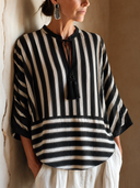 Women's Classic Black And White Striped V-Neck Top With Tie Detail And Three-Quarter Sleeves ZMZ2148G1SWL