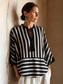 Women's Classic Black And White Striped V-Neck Top With Tie Detail And Three-Quarter Sleeves ZMZ2148G1SWL