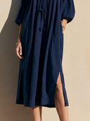 Women Autumn Fashion Pure Cotton Midi Shirt Dress Collar Front Lace-Up Bubble Sleeve Side Pocket Split Hem Loose Fall Casual Tunic ZMZ2172G3YZH