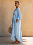 Women's Casual Blue Cotton-linen V-neck Loose Maxi Dress ZMZ2159G4SWL