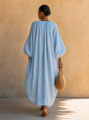 Women's Casual Blue Cotton-linen V-neck Loose Maxi Dress ZMZ2159G4SWL