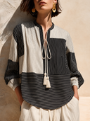Women's Retro Color-Block Striped Long-Sleeve Tie-Neck Top ZMZ2194G3SWL