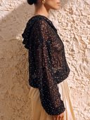 Women Hollow Knit Hooded Blouse Sequin Embellished Lantern Long Sleeve Loose See Through Party Cover Up Top ZMZ2165G9YZH