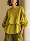Women's Stylish Olive-Yellow Cotton-Linen Crew-Neck Top ZMZ2135G1SWL